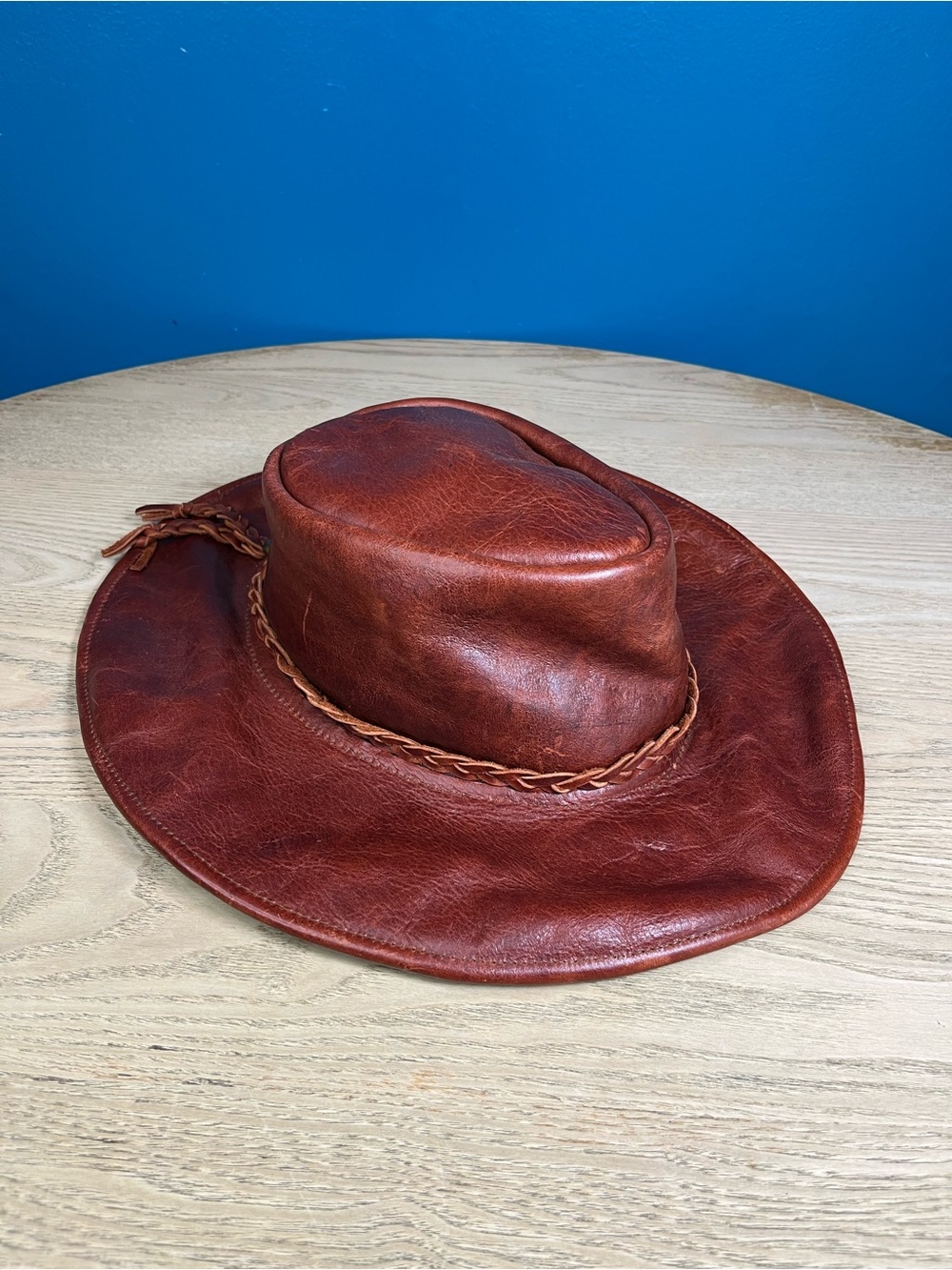 Vintage Brown Leather Western Rancher Hat Classic Leather Braided Band Size L